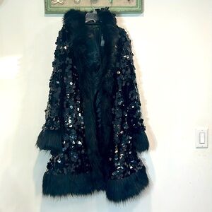 DOLLS KILL CLUB EXX STROBELIGHT HOODED DUSTER BLACK OVERSIZED SEQUIN FUR MEDIUM
